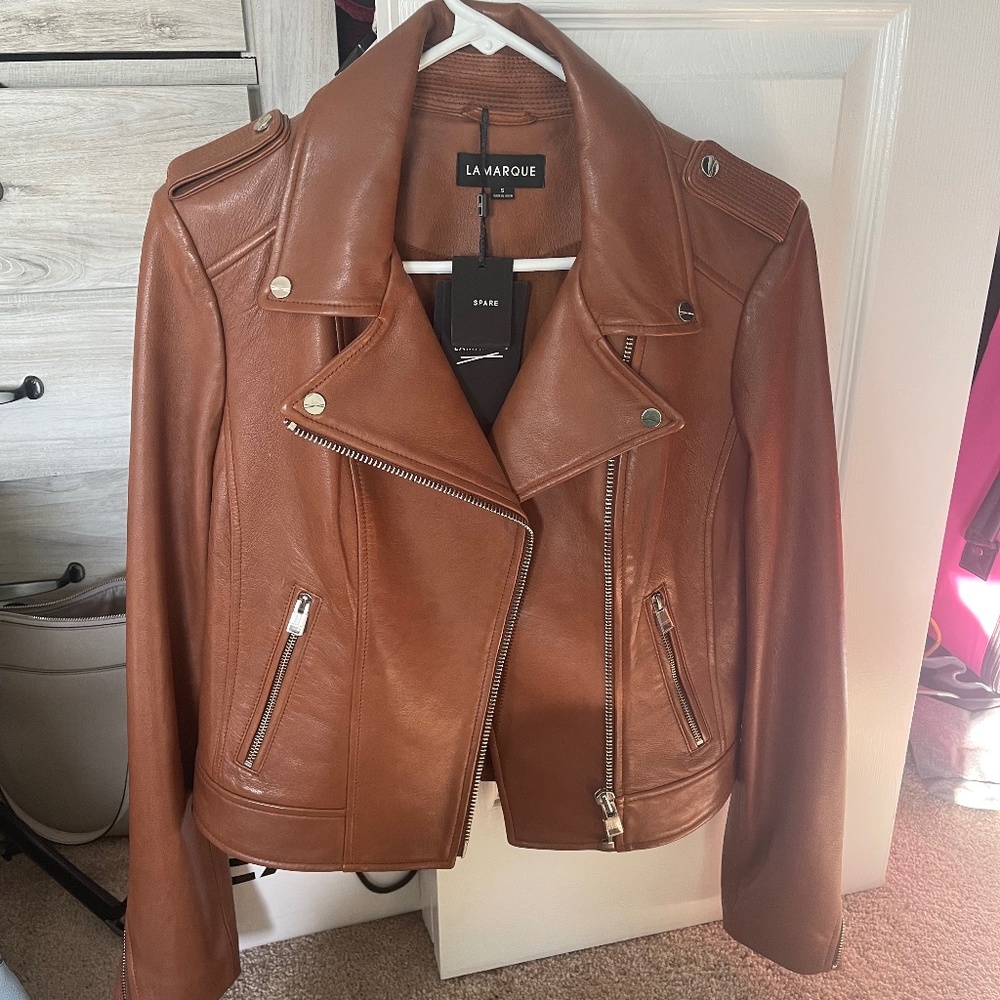 Lamarque Donna Iconic Leather Biker Jacket- Luggage
